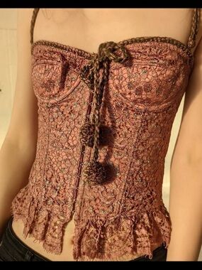 Moschino Cheap and Chic Pink Metallic Lace Corset Top with Brown Tassels